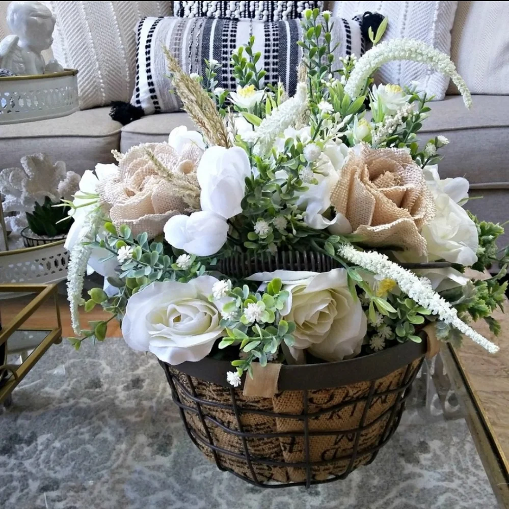 🧺 RUSTIC French COTTAGE Wire BASKET Burlap ROSES DECOR 🧺